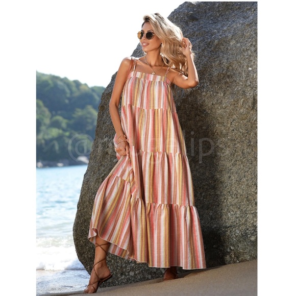 Striped Maxi Dress Flowy Flared A-line Spaghetti Straps Multicolor Long Ruffle - Picture 3 of 7